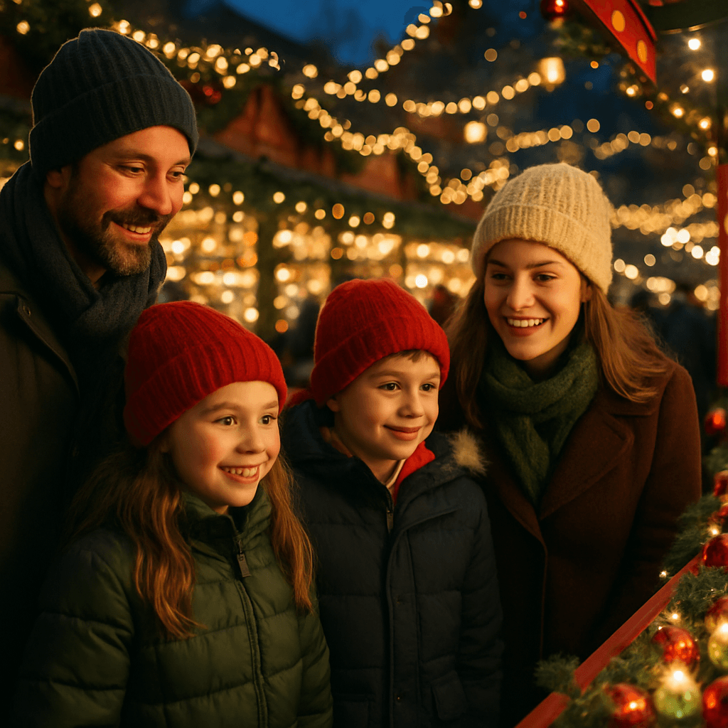 American family enjoying UK Christmas market under festive lights in 2026