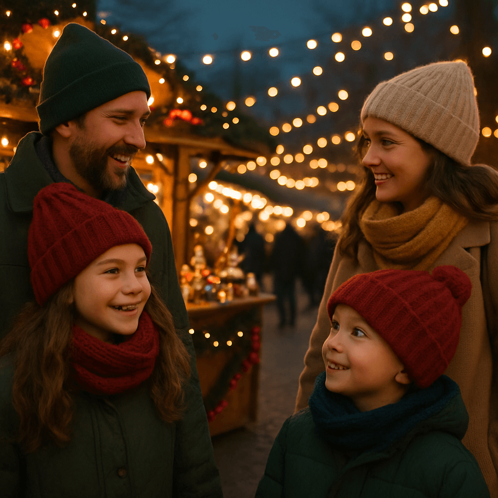 American family enjoying evening at a UK outdoor Christmas market with festive lights