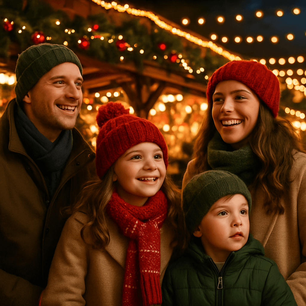 American family exploring a festive UK Christmas market lit by red, green, and gold evening lights