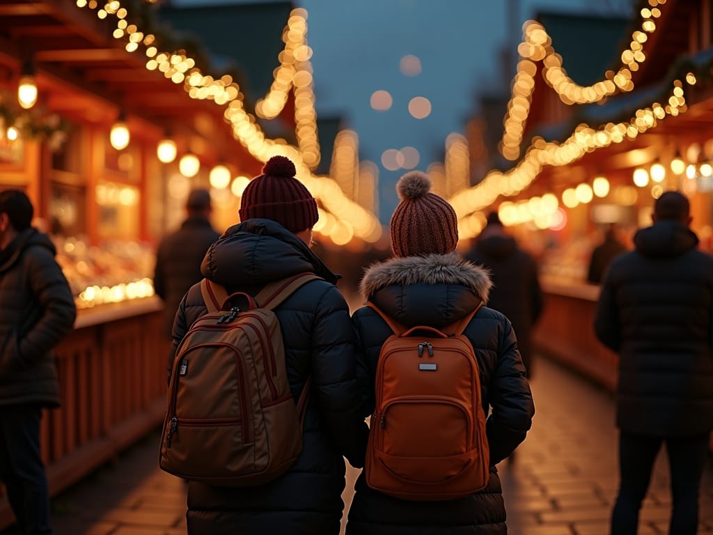 American family enjoying a UK Christmas market with festive evening lights