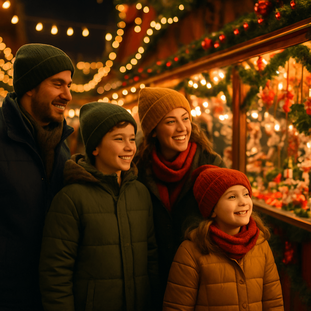 American family enjoying UK Christmas market under festive lights