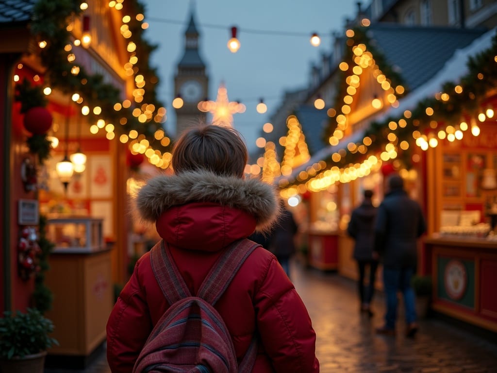 Family enjoying a Christmas market in London with festive lights and holiday stalls in the evening