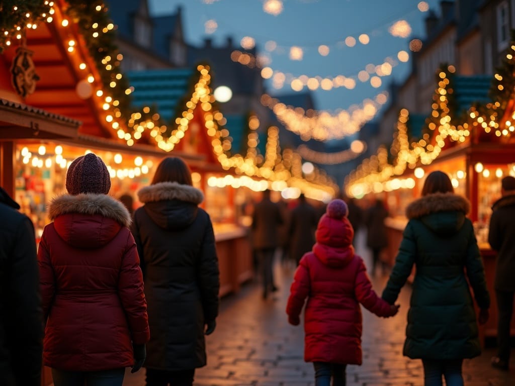 American family exploring a London Christmas market under evening festive lights