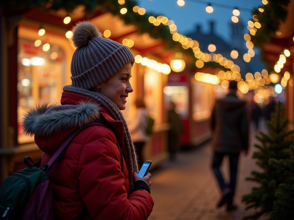 American family enjoying UK Christmas market with lights and decorations
