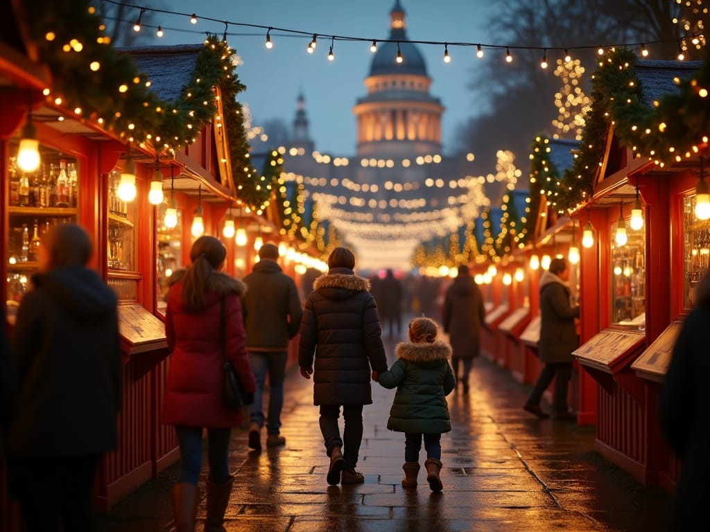 American family explores outdoor London Christmas market with holiday lights