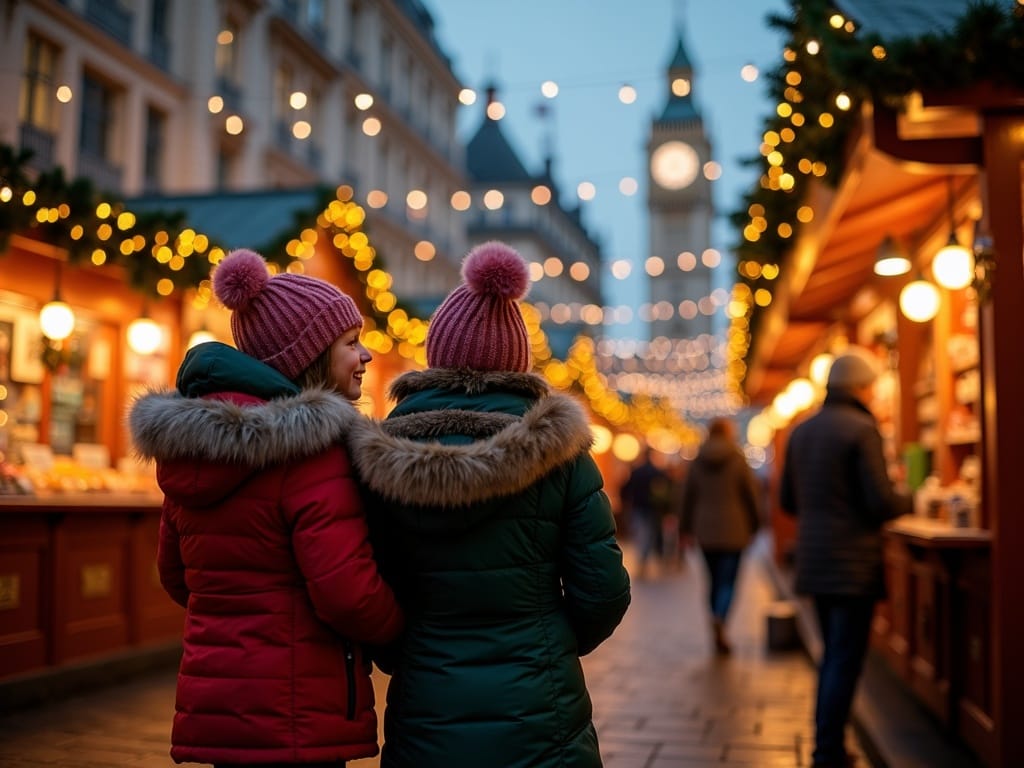 Family exploring red, green and gold-lit UK Christmas market in London evening