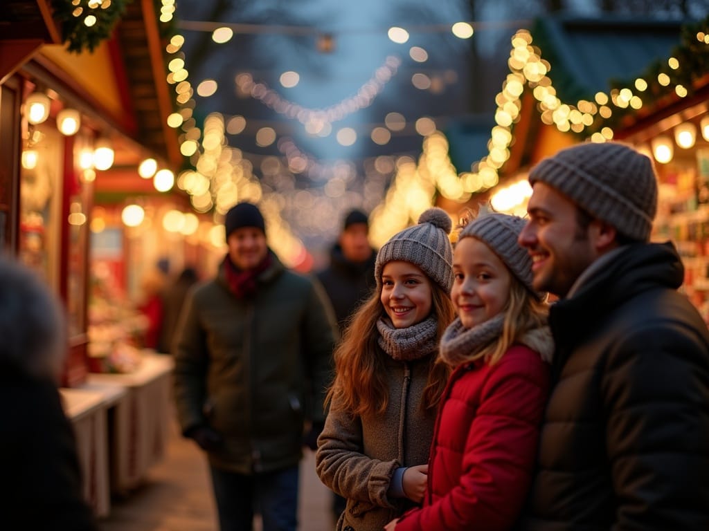 American family exploring outdoor Christmas market in London at night with red, green, and gold lights