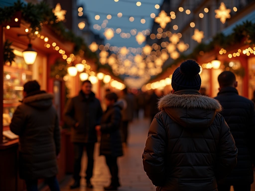 Family enjoys London Christmas market at night with festive red, green, and gold lights
