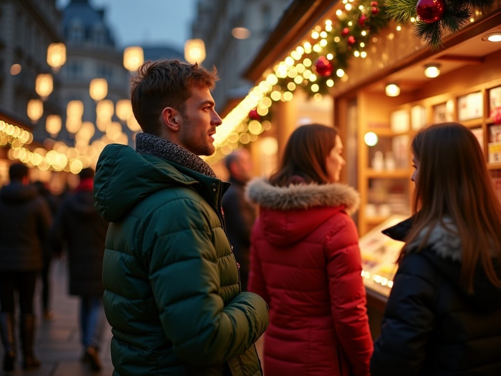 American family at UK Christmas market in London with festive red, green, and gold lights during evening holiday season