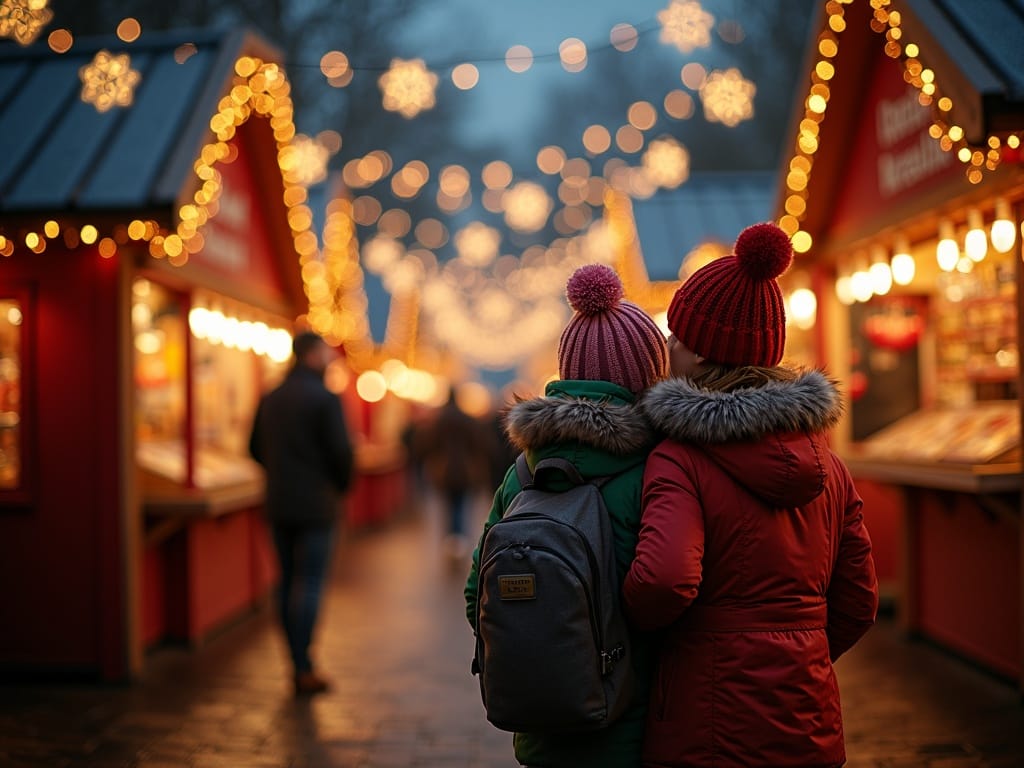 US family enjoying London Christmas market with lights and decorations