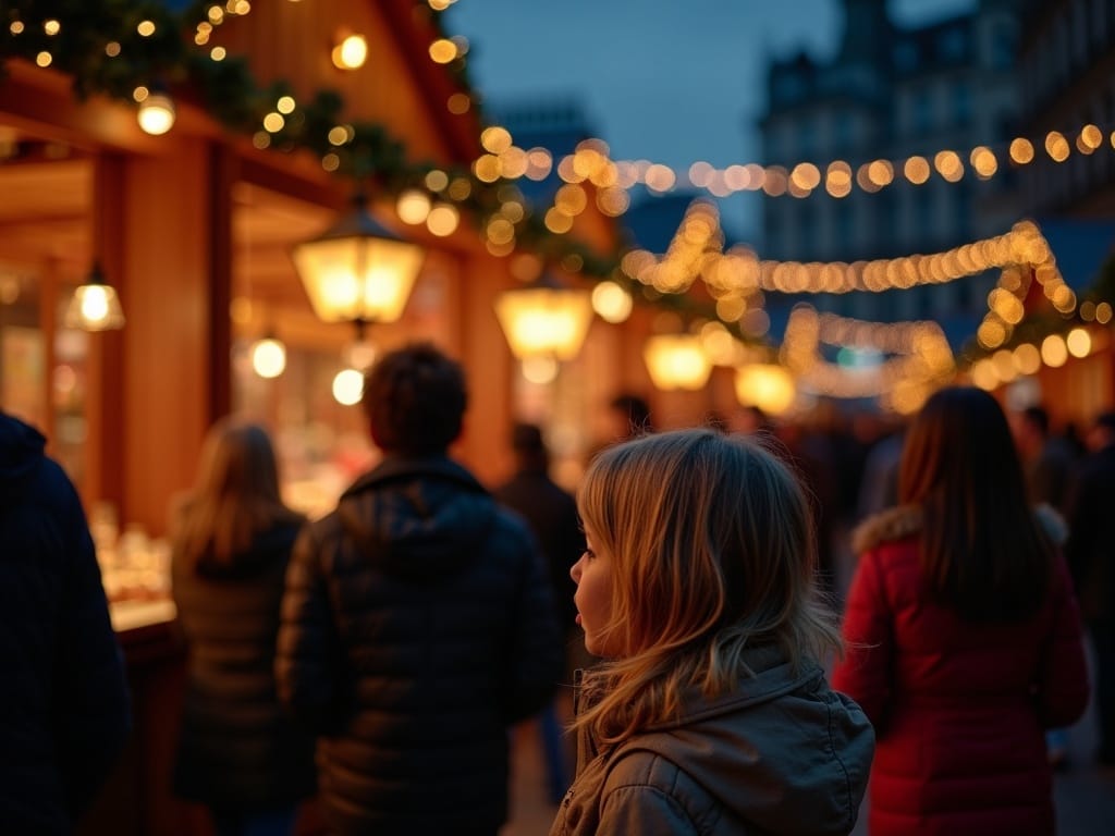 US family exploring UK outdoor Christmas market with lights, red stalls and festive decorations