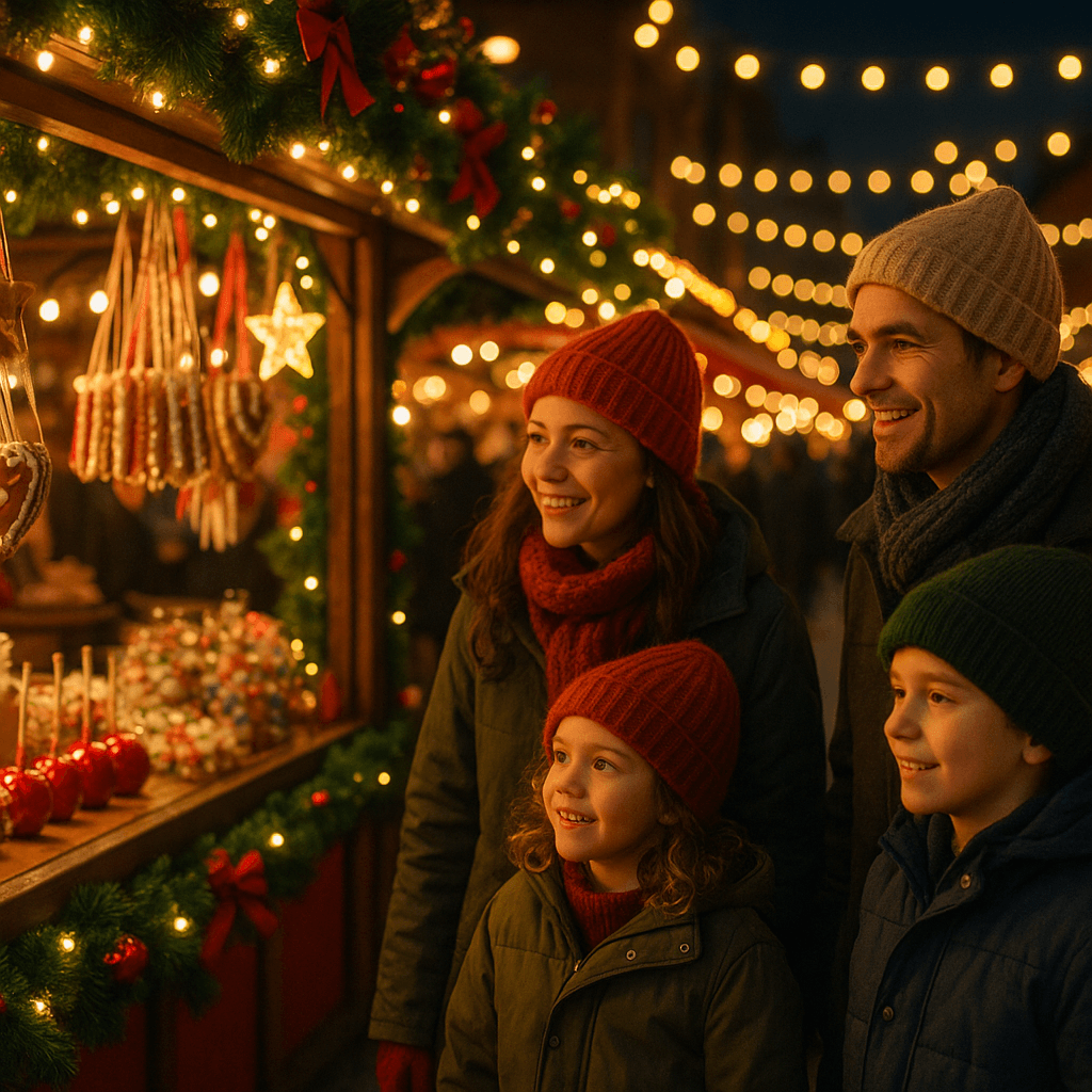 American family enjoying festive evening at outdoor UK Christmas market with lights and decorations