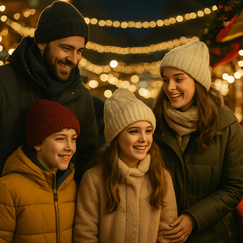 American family shopping at UK Christmas market with holiday lights