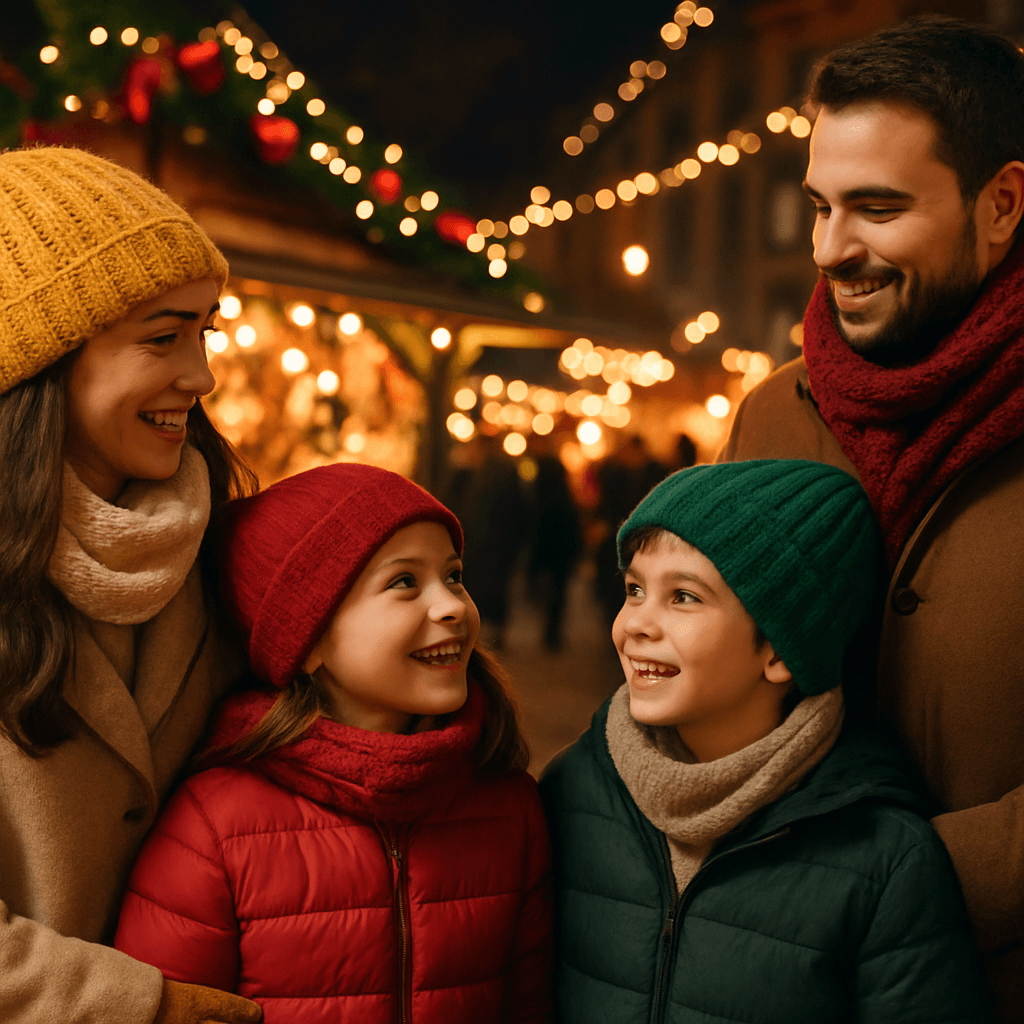 US family enjoying UK Christmas market under glowing festive evening lights
