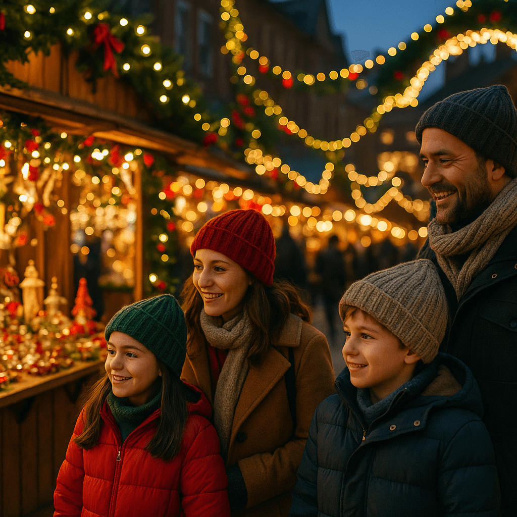 American family enjoying outdoor Christmas market under festive lights in the UK