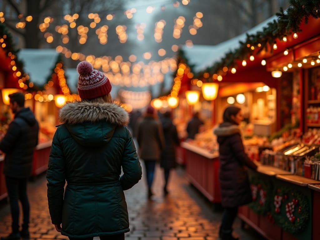 US family exploring festive UK Christmas market with lights and decorations at night