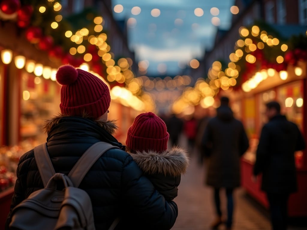 American family enjoying a UK Christmas market under festive evening lights