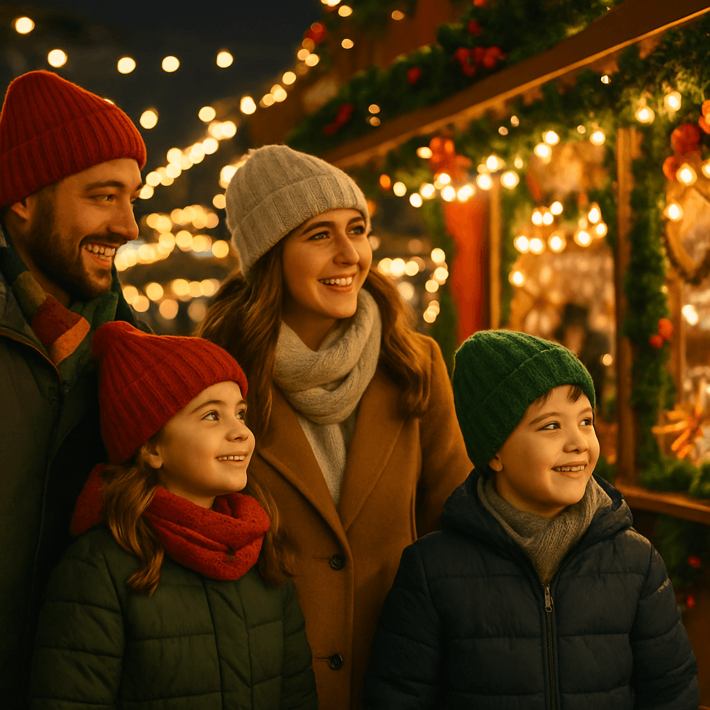 American family exploring a festive UK Christmas market under glowing evening lights