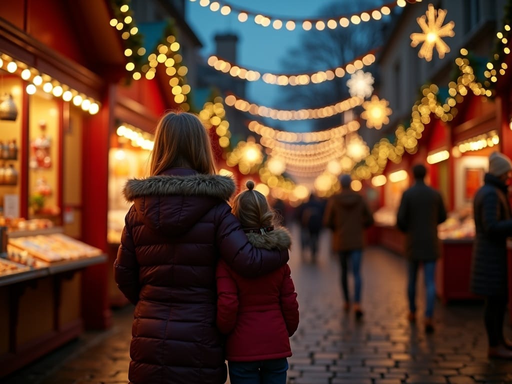 American family enjoying a UK Christmas market with festive lights and holiday decorations in the evening
