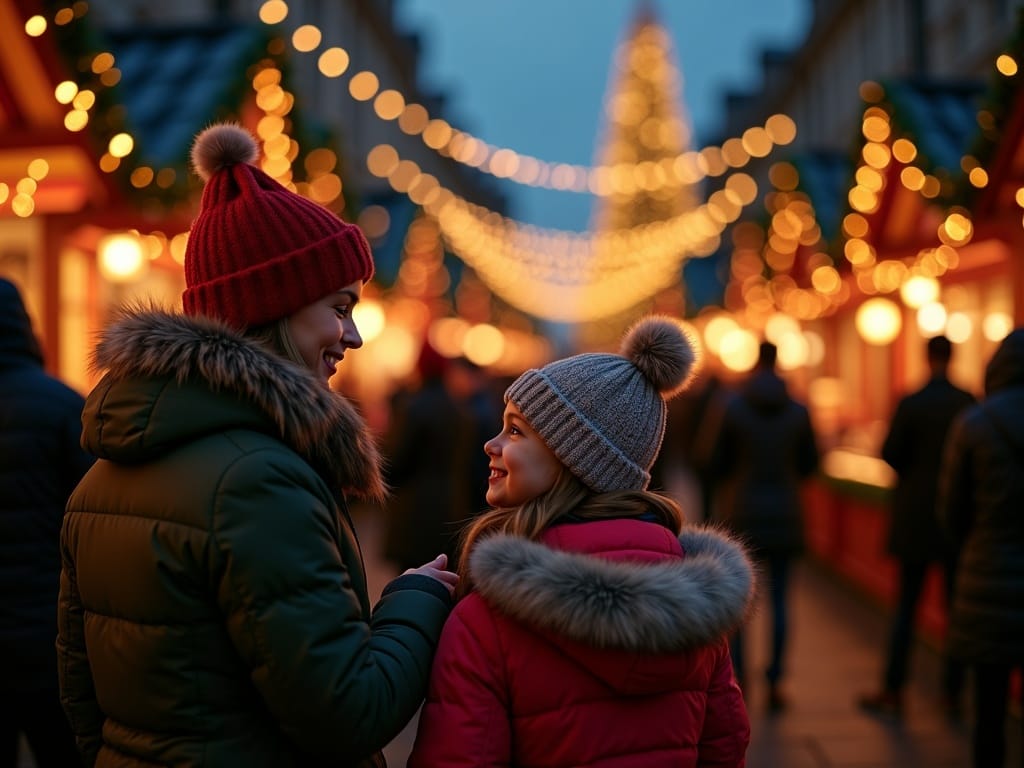 American family exploring UK Christmas market with festive lights in the evening