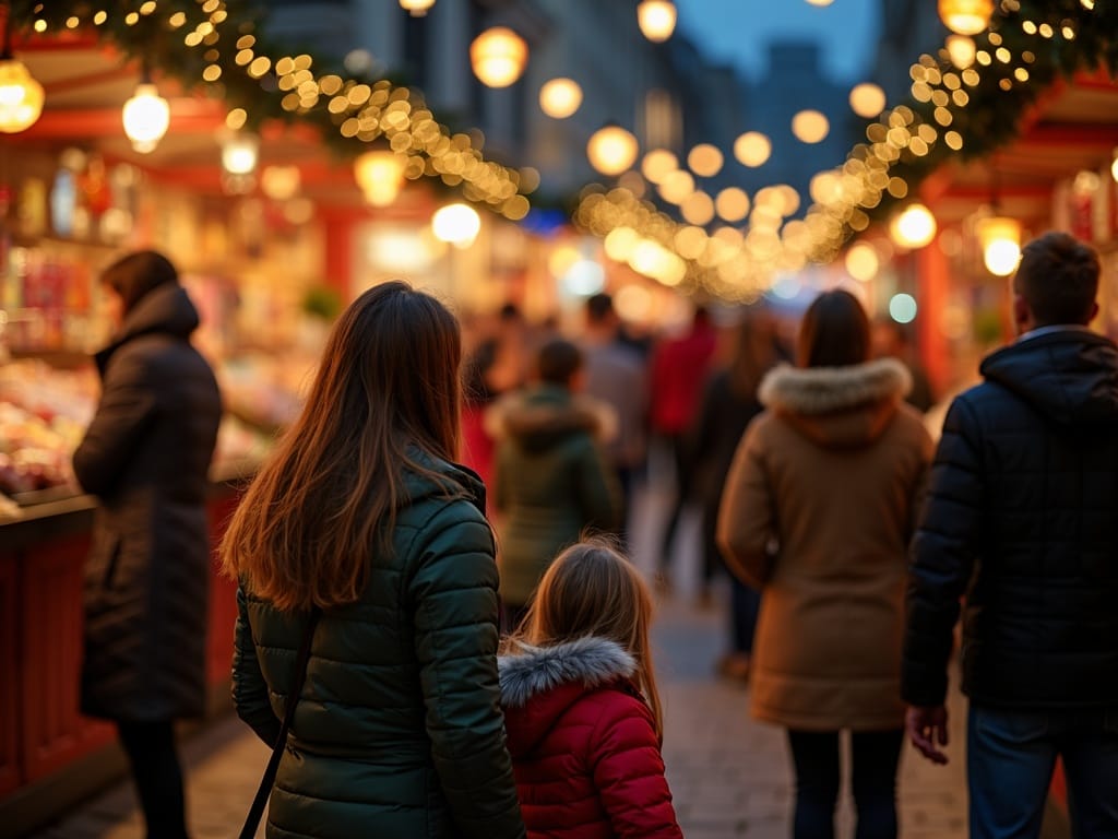 American family enjoying a UK Christmas market with festive lights in evening setting