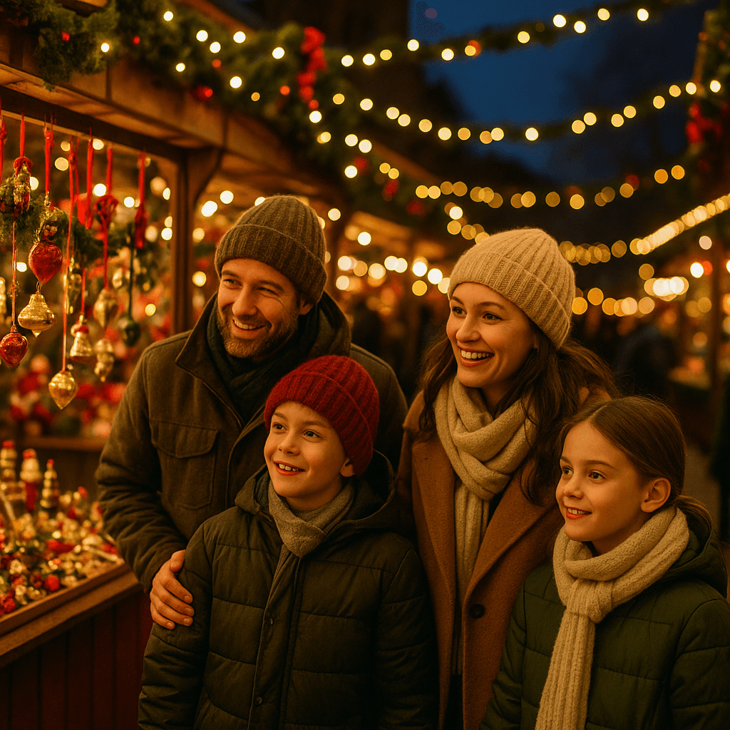 American family enjoying a UK Christmas market with holiday lights and outdoor stalls