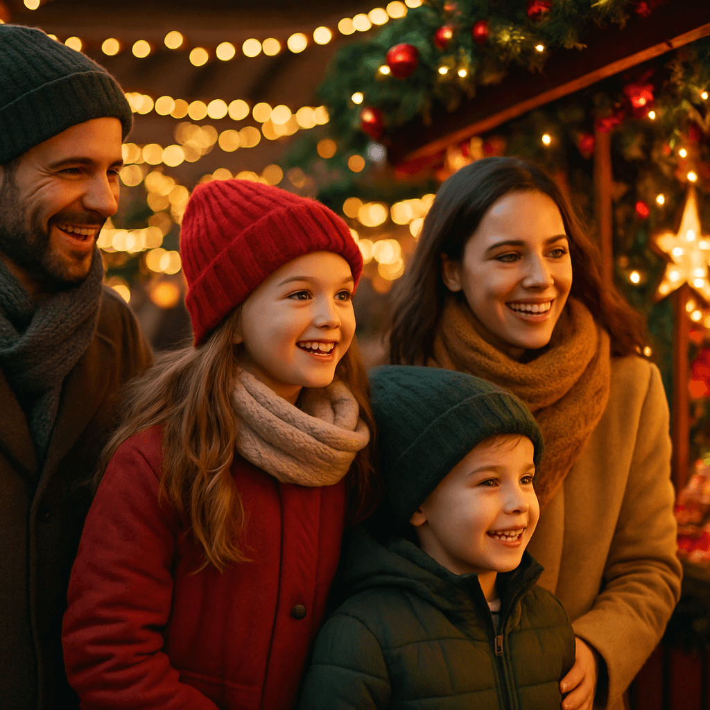 US family enjoying a UK Christmas market with festive lights and holiday decorations at night