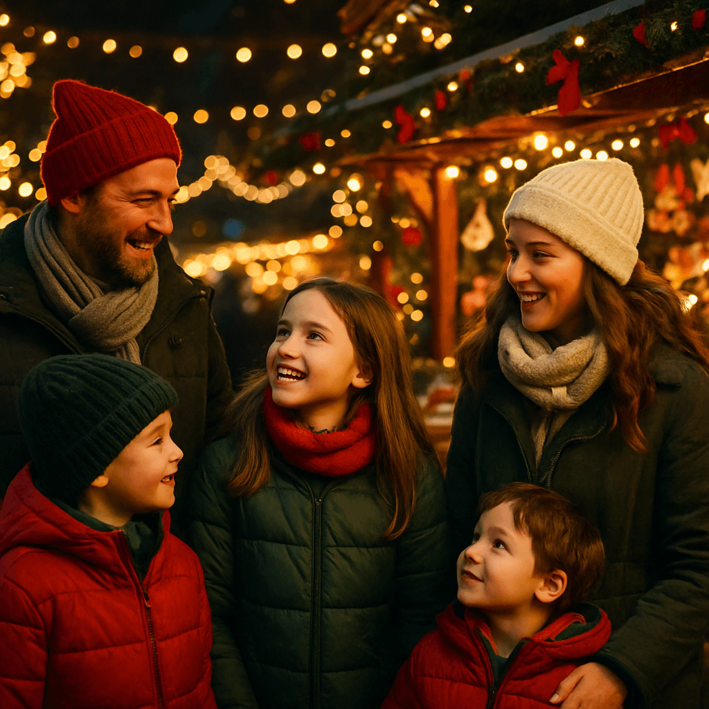 American family enjoys outdoor UK Christmas market with lights