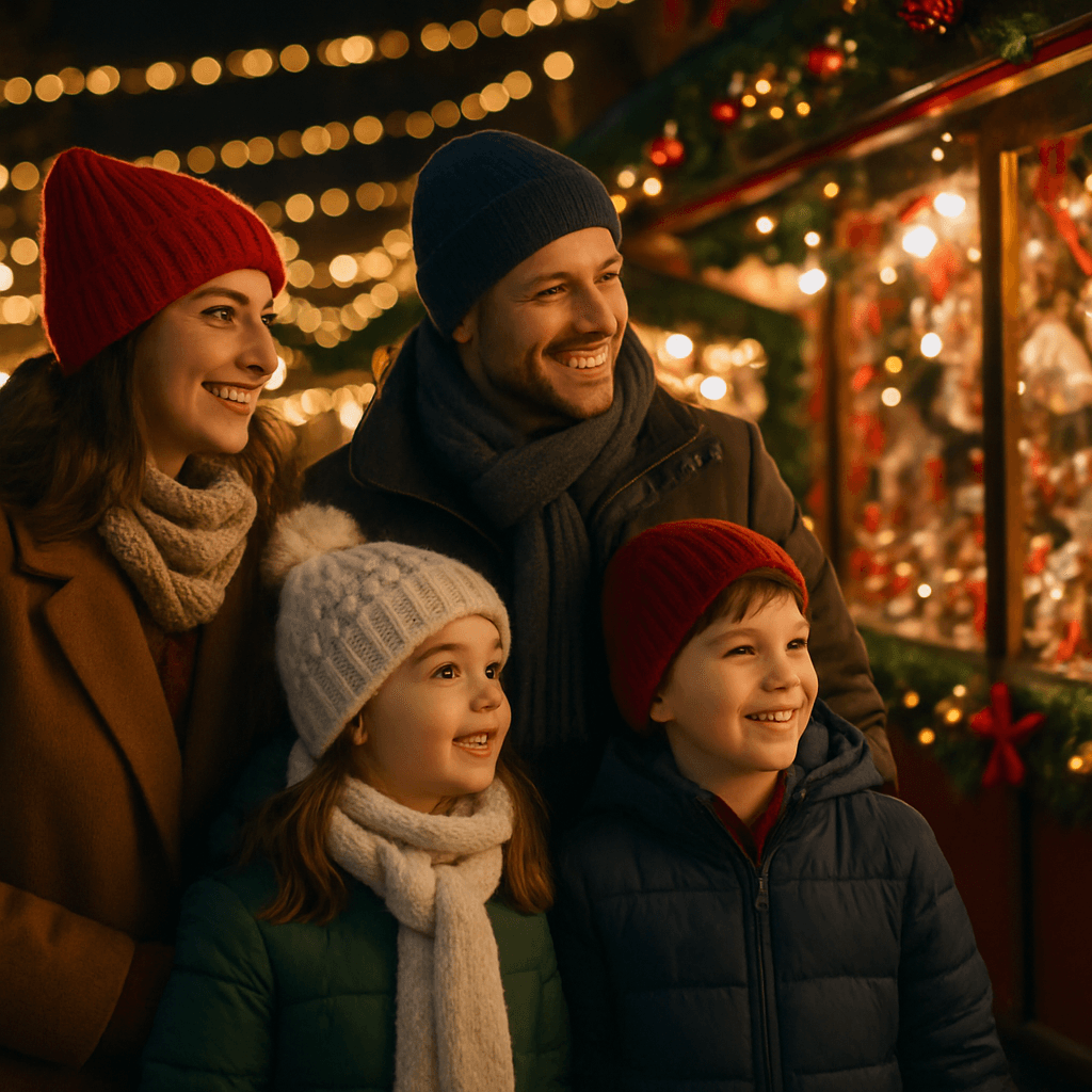 American family enjoying a UK Christmas market with holiday lights and decorations