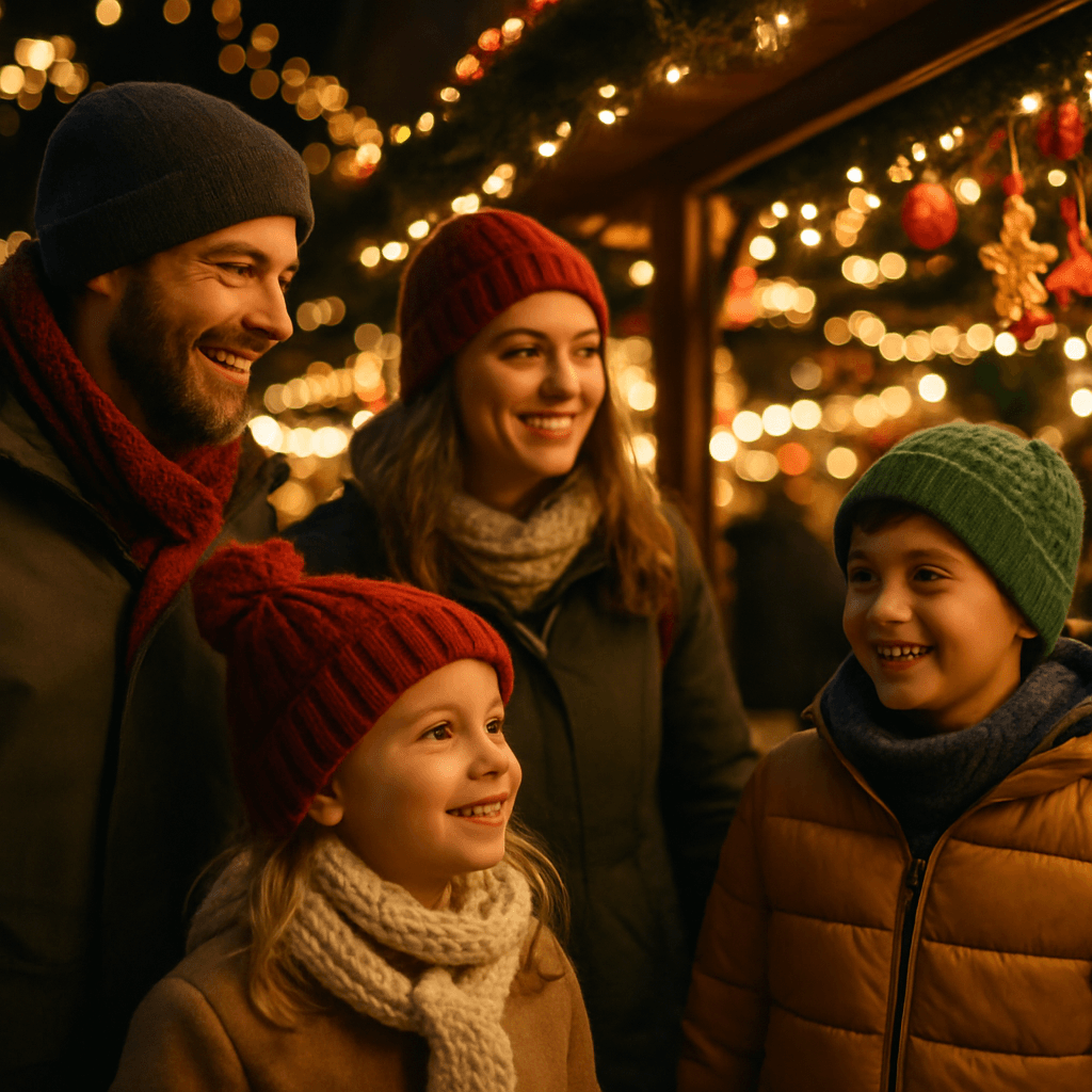 American family exploring a UK Christmas market at night under festive holiday lights