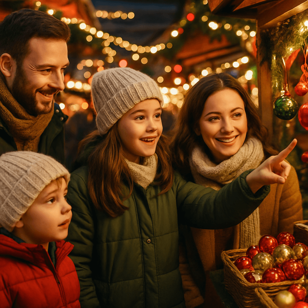 American family exploring a UK Christmas market at night under red, green, and gold holiday lights