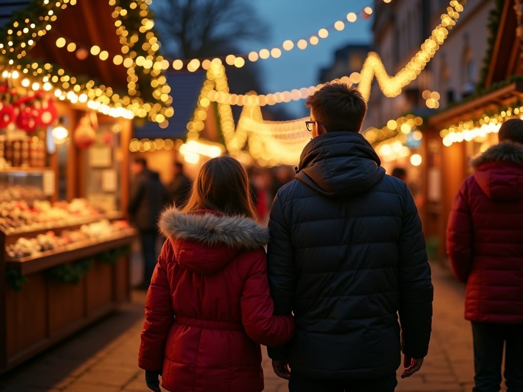 US family enjoying a UK Christmas market with festive lights and holiday stalls in the evening