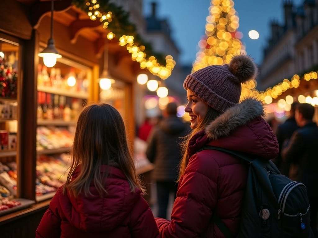 American family exploring festive UK Christmas market at night lit with red, green, and gold holiday lights