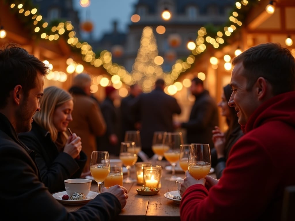 American family enjoying UK Christmas market with lights and decorations in the evening