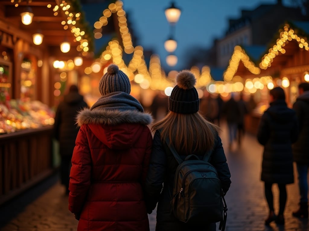 American family exploring a UK outdoor Christmas market with evening festive lights