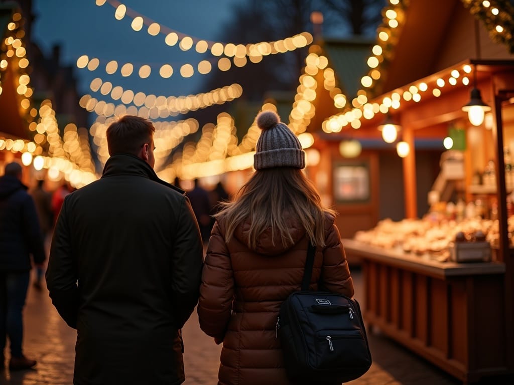 American family exploring a UK Christmas market at night with bright red, green, and gold holiday lights