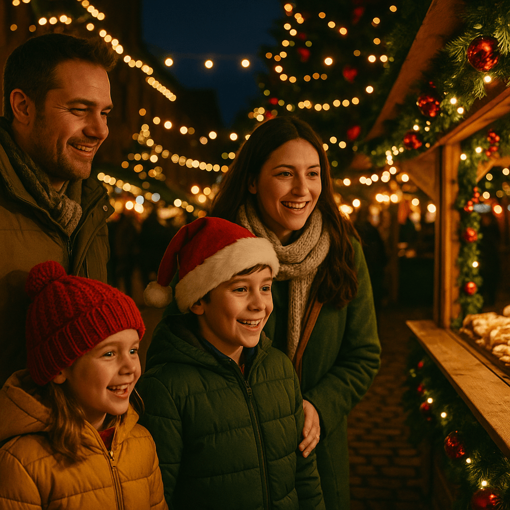 American family enjoying an evening at a UK Christmas market with red, green, and gold lights