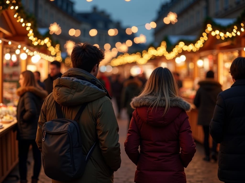 American family at an outdoor UK Christmas market in evening lights