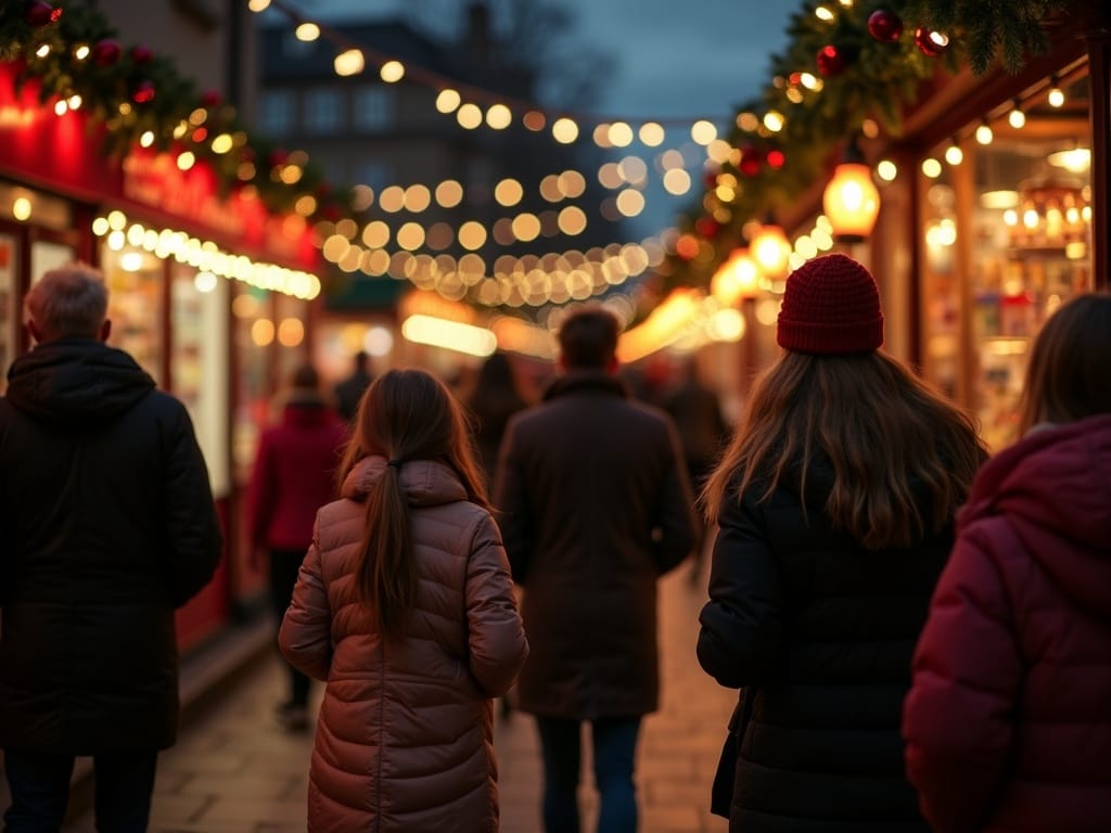 American family enjoying UK Christmas market with festive lights in evening