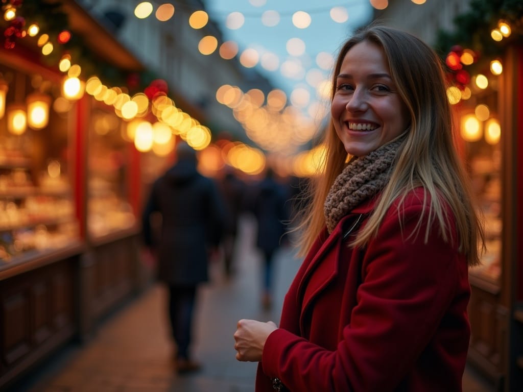 American family enjoys evening at UK Christmas market with festive lights and holiday stalls