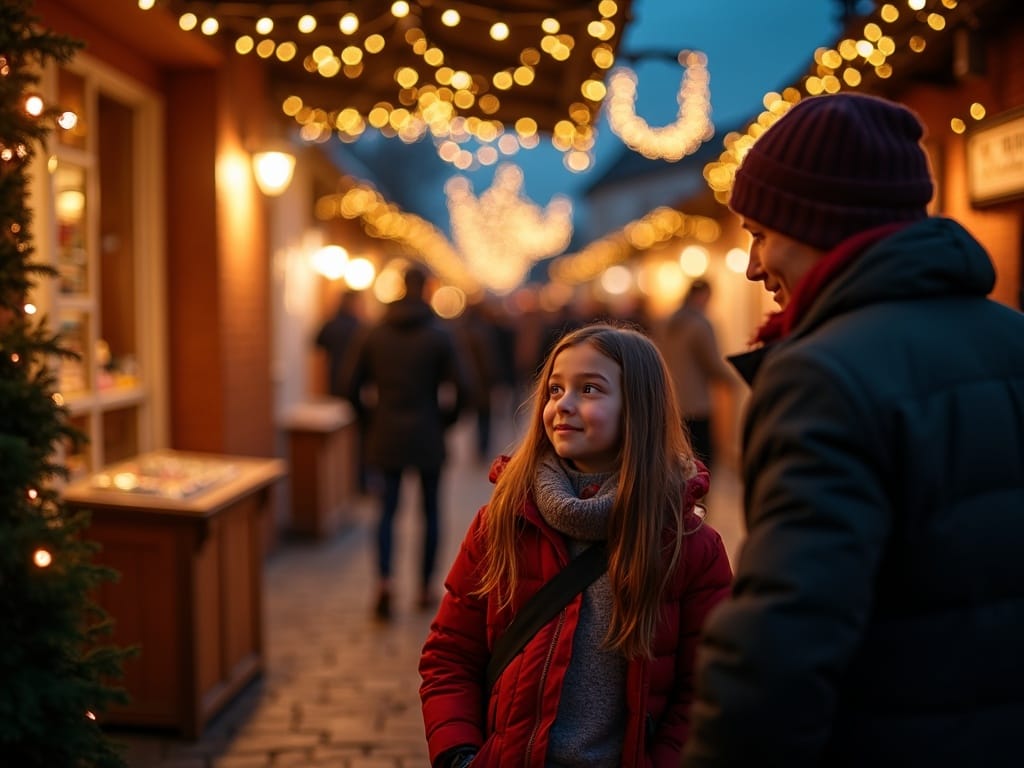 Family enjoying a UK Christmas market at night with festive red, green, and gold holiday lights