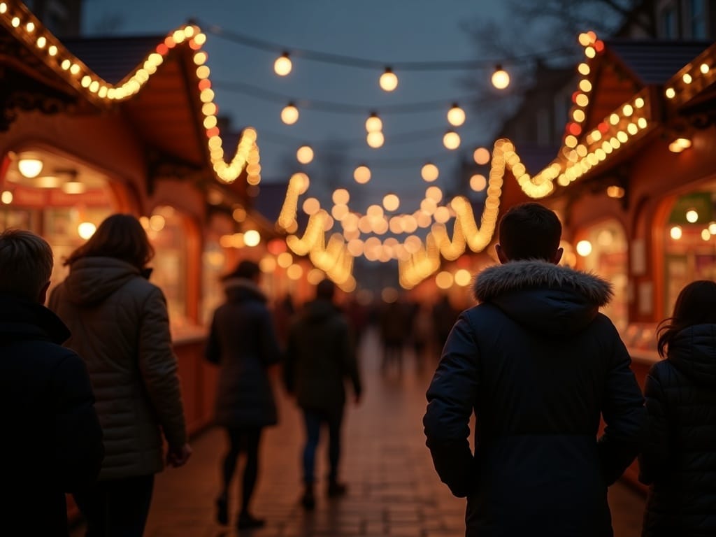 American family exploring UK outdoor Christmas market with lights