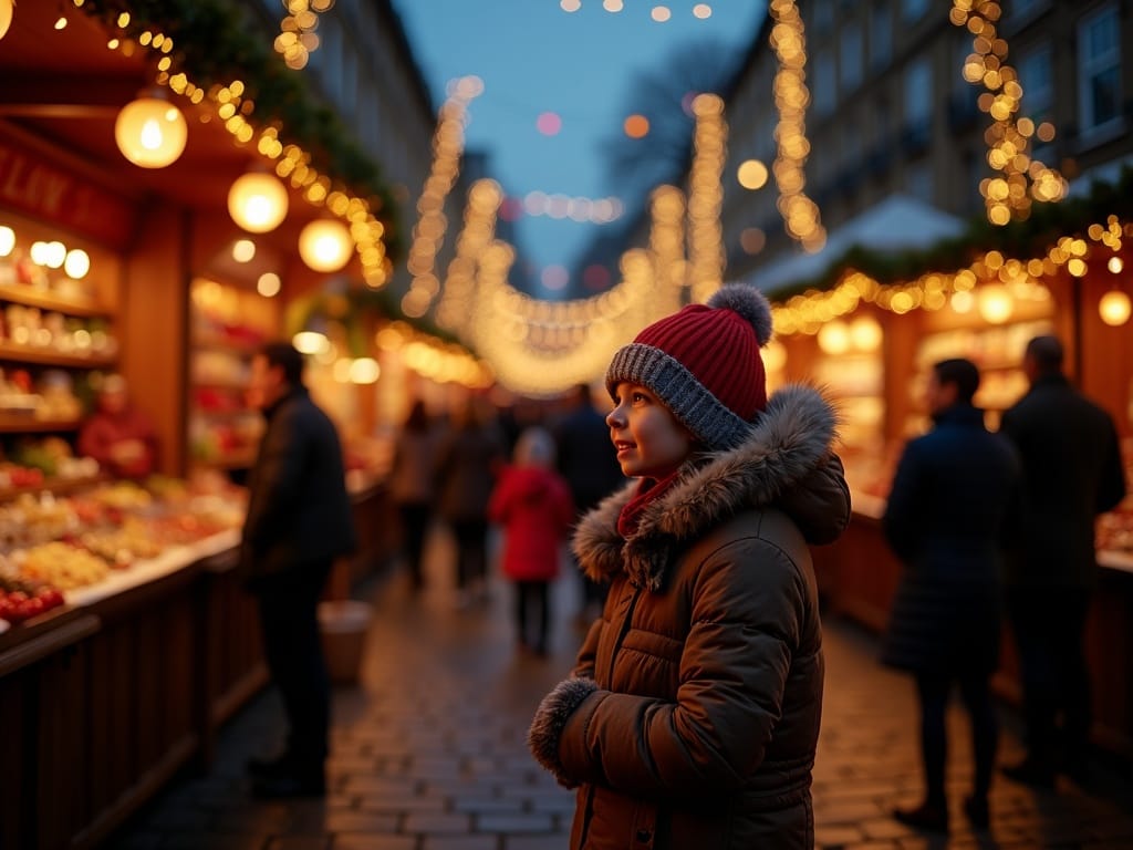 American family explores UK Christmas market with red, green, and gold lights in evening