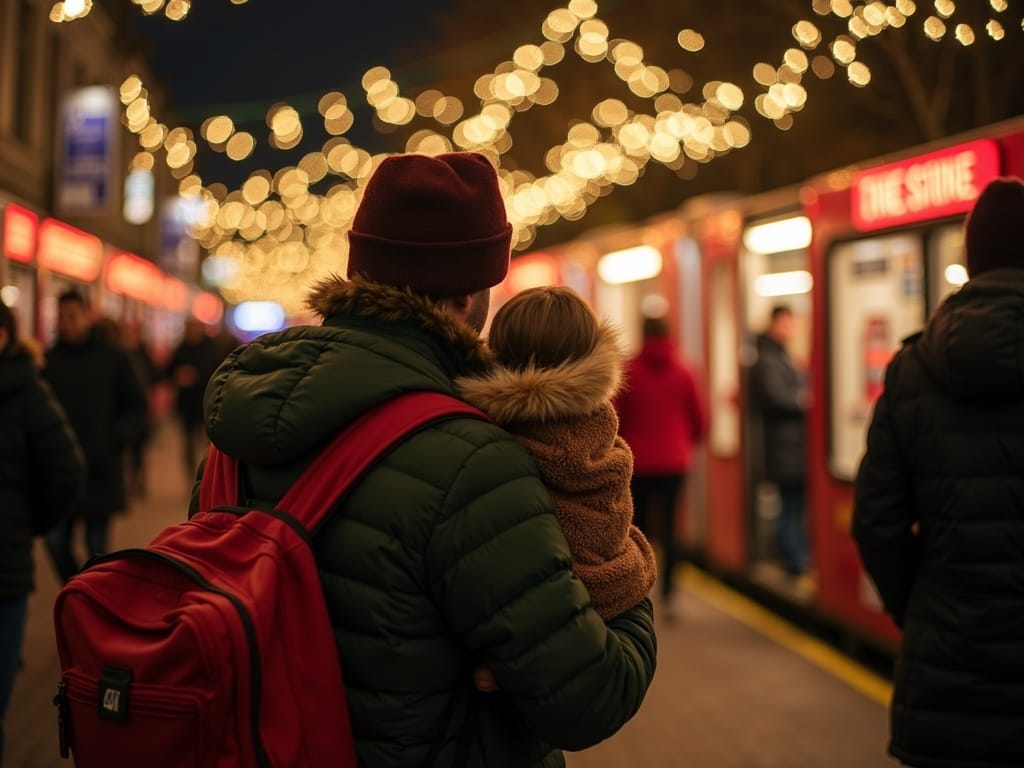 American family enjoys UK Christmas market with festive lights in evening outdoor setting