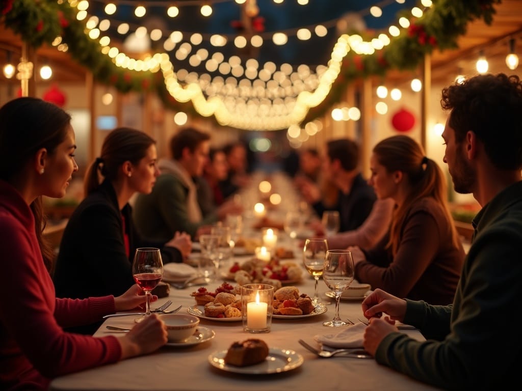 American family enjoying a UK Christmas market with festive lights and decorations in evening