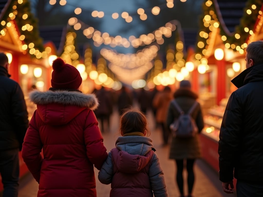American family at a UK Christmas market in the evening, enjoying festive lights and decorations