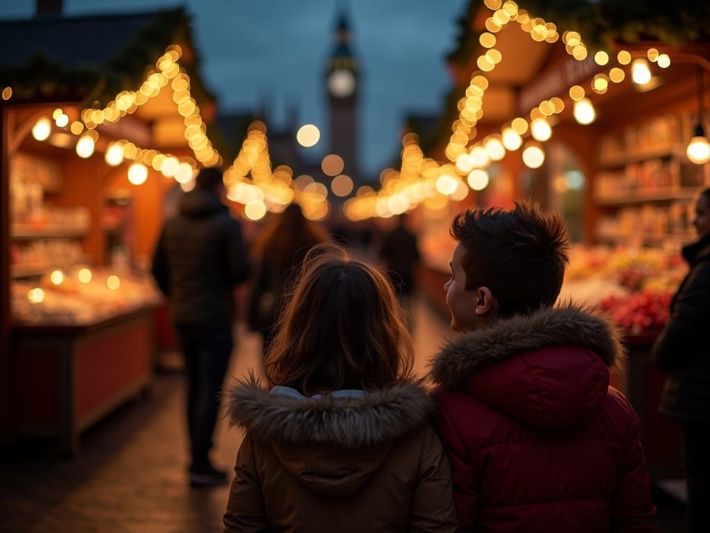 American family enjoying a UK Christmas market lit with red, green, and gold evening lights