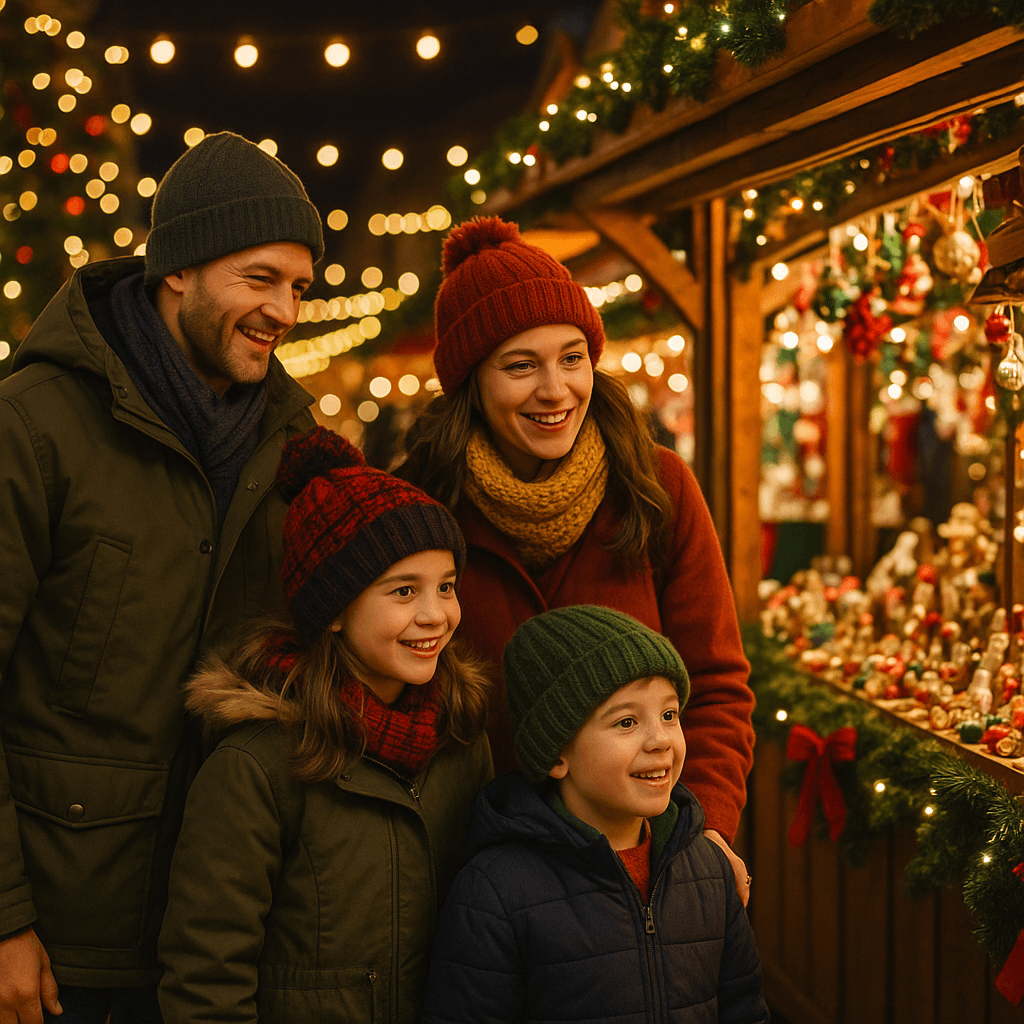 Family enjoying a UK Christmas market with lights and decorations