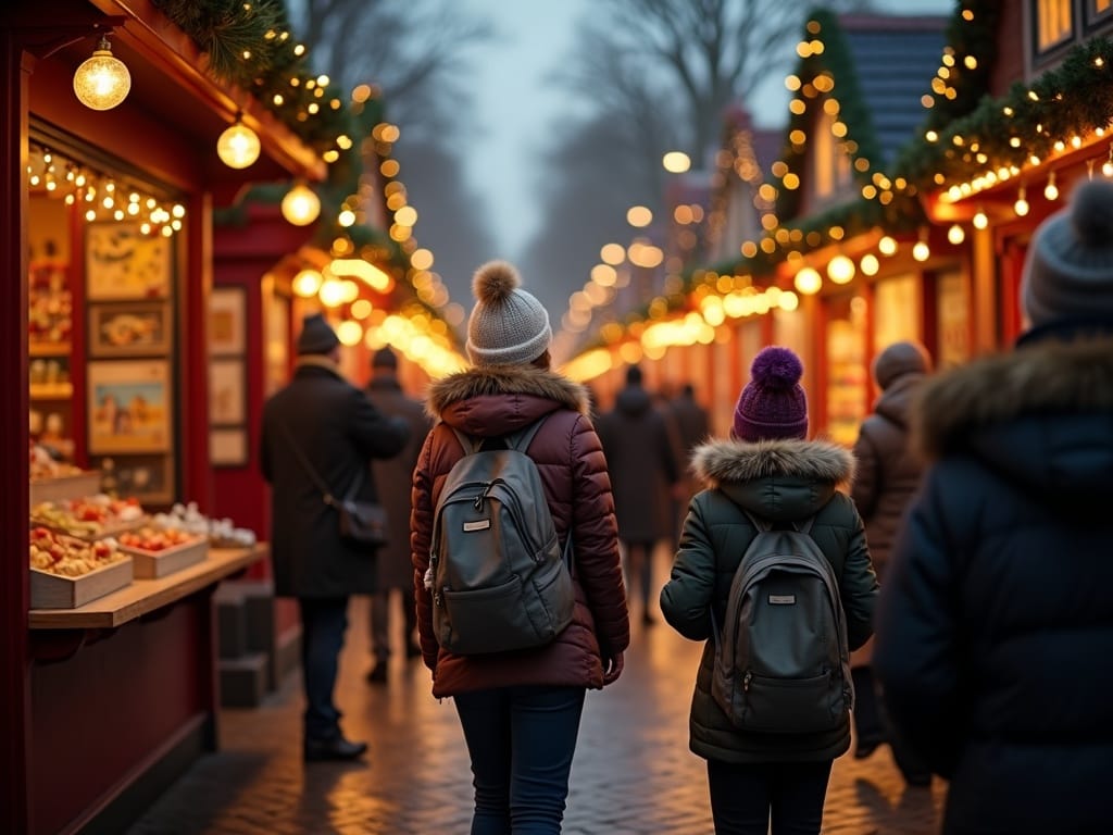 American family enjoying evening at UK Christmas market with festive lights