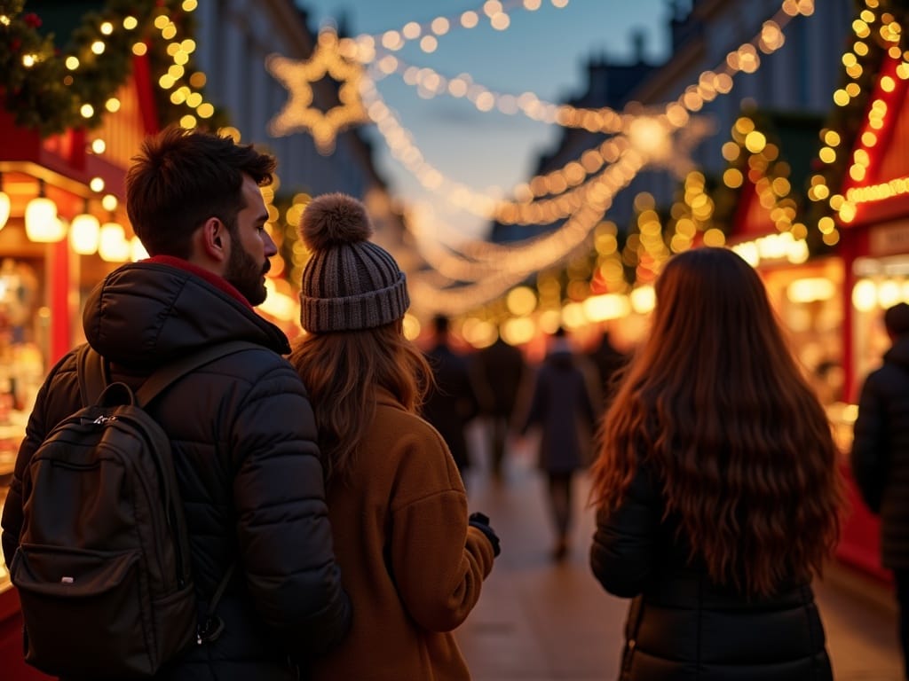 American family enjoying a UK Christmas market at night with festive red, green, and gold lights